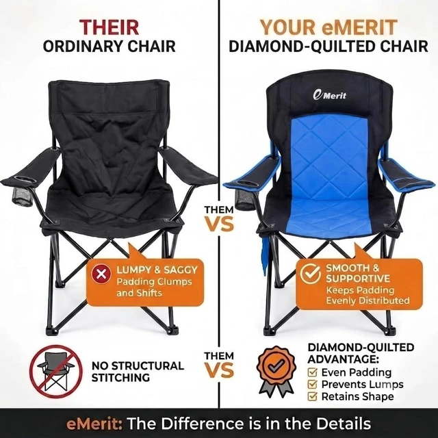 Alt view image 4 of 7 - 2-Pack Folding Camping Chair, Diamond-Quilted & Adjustable Armrest | 350lbs capacity, Higher backrest & higher seat for easy sit/stand, Cup holder, Carry bag, for Camping,Lawn, Beach