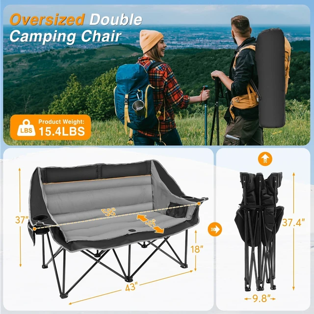 Alt view image 2 of 7 - Double Camping Chair, Heavy Duty 660lbs Folding 2 Person Camp Chair | Portable Loveseat Couch Padded Comfortable Two Seat with Cup Holder, Side&Rear Mesh Pockets for Outdoor Lawn Patio