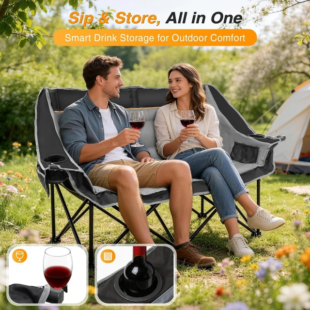 Alt view image 3 of 7 - Double Camping Chair, Heavy Duty 660lbs Folding 2 Person Camp Chair | Portable Loveseat Couch Padded Comfortable Two Seat with Cup Holder, Side&Rear Mesh Pockets for Outdoor Lawn Patio