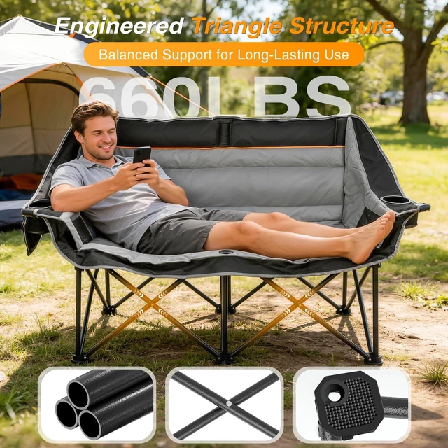 Alt view image 4 of 7 - Double Camping Chair, Heavy Duty 660lbs Folding 2 Person Camp Chair | Portable Loveseat Couch Padded Comfortable Two Seat with Cup Holder, Side&Rear Mesh Pockets for Outdoor Lawn Patio