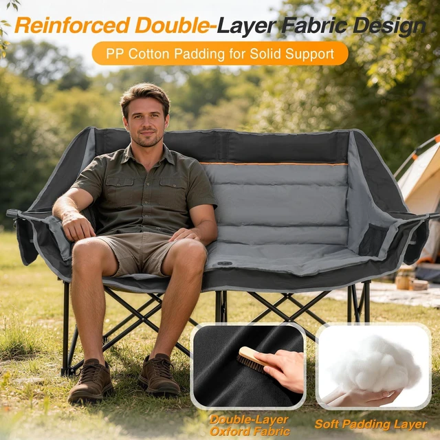 Alt view image 5 of 7 - Double Camping Chair, Heavy Duty 660lbs Folding 2 Person Camp Chair | Portable Loveseat Couch Padded Comfortable Two Seat with Cup Holder, Side&Rear Mesh Pockets for Outdoor Lawn Patio