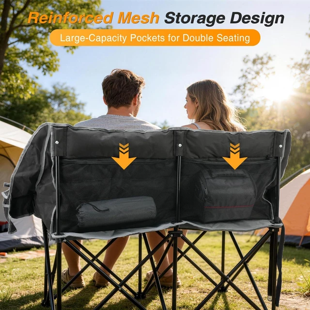 Alt view image 6 of 7 - Double Camping Chair, Heavy Duty 660lbs Folding 2 Person Camp Chair | Portable Loveseat Couch Padded Comfortable Two Seat with Cup Holder, Side&Rear Mesh Pockets for Outdoor Lawn Patio