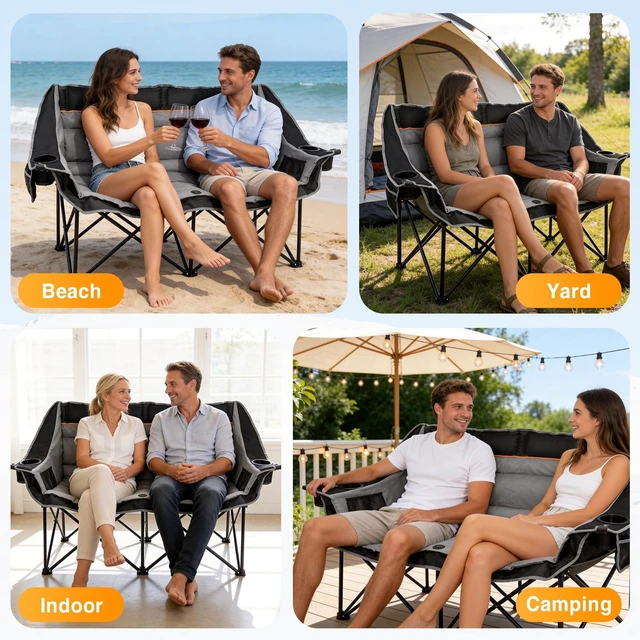 Alt view image 7 of 7 - Double Camping Chair, Heavy Duty 660lbs Folding 2 Person Camp Chair | Portable Loveseat Couch Padded Comfortable Two Seat with Cup Holder, Side&Rear Mesh Pockets for Outdoor Lawn Patio