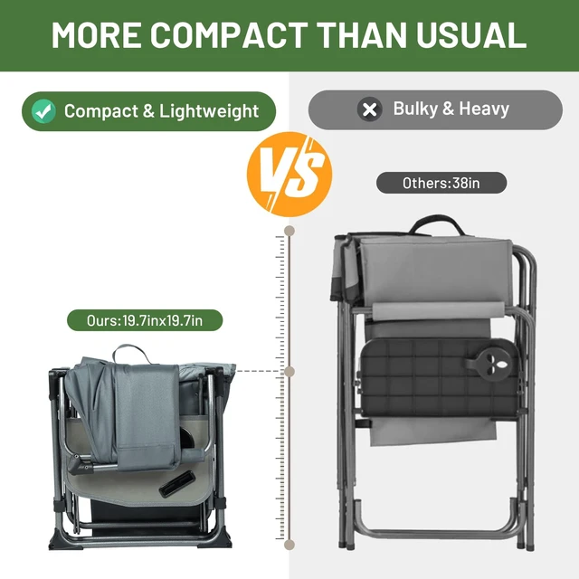 Alt view image 3 of 7 - 400lbs Heavy Duty Camping Chair Portable Directors Chair | Folding Camp Chair with Side Table & Pocket Compact Size for Outdoor, Lawn, Sports and Fishing Grey