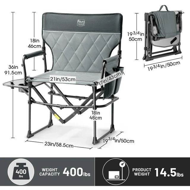 Alt view image 7 of 7 - 400lbs Heavy Duty Camping Chair Portable Directors Chair | Folding Camp Chair with Side Table & Pocket Compact Size for Outdoor, Lawn, Sports and Fishing Grey