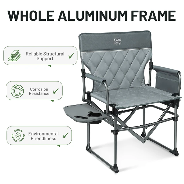 Alt view image 5 of 7 - 400lbs Heavy Duty Camping Chair Portable Directors Chair | Folding Camp Chair with Side Table & Pocket Compact Size for Outdoor, Lawn, Sports and Fishing Grey