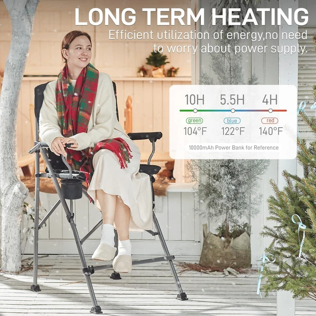 Alt view image 2 of 7 - Heated Tall Director Chair 31" Foldable with Carry Bag Black | Portable Camp Chair Sports with Cup Holder Mesh Pockets and Footrest, Heavy Duty