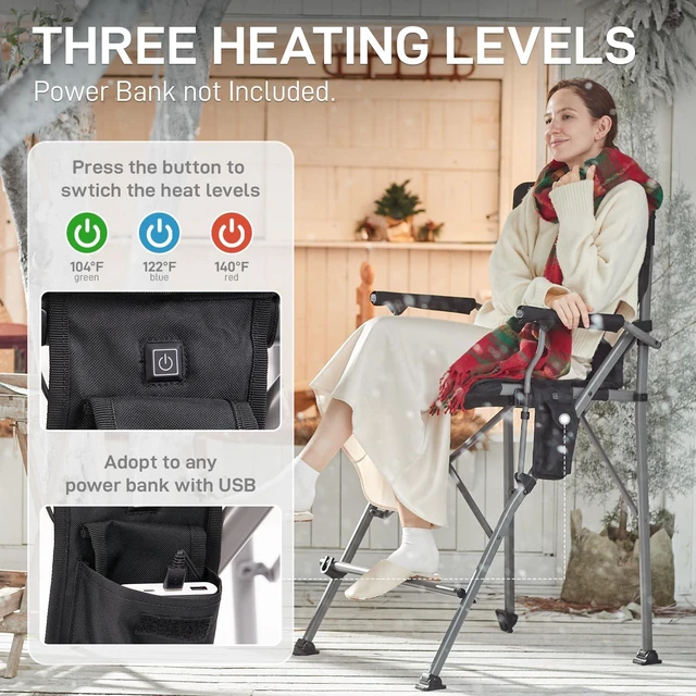 Alt view image 4 of 7 - Heated Tall Director Chair 31" Foldable with Carry Bag Black | Portable Camp Chair Sports with Cup Holder Mesh Pockets and Footrest, Heavy Duty