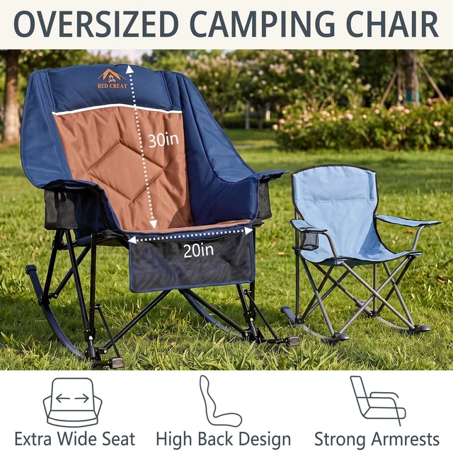 Alt view image 3 of 7 - 400lbs Rocking Camping Chair Oversized Folding Rocker for Adults | High Back Padded Rocking Camp Chair with Cup Holders, Side Pockets & Carry Bag, Outdoor Comfort for Lawn, Sports & Camping