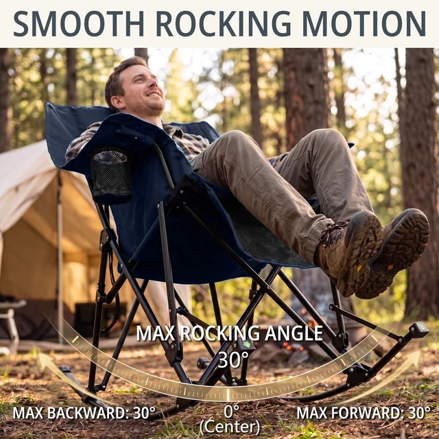 Alt view image 4 of 7 - 400lbs Rocking Camping Chair Oversized Folding Rocker for Adults | High Back Padded Rocking Camp Chair with Cup Holders, Side Pockets & Carry Bag, Outdoor Comfort for Lawn, Sports & Camping