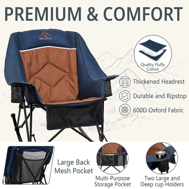 Alt view image 5 of 7 - 400lbs Rocking Camping Chair Oversized Folding Rocker for Adults | High Back Padded Rocking Camp Chair with Cup Holders, Side Pockets & Carry Bag, Outdoor Comfort for Lawn, Sports & Camping
