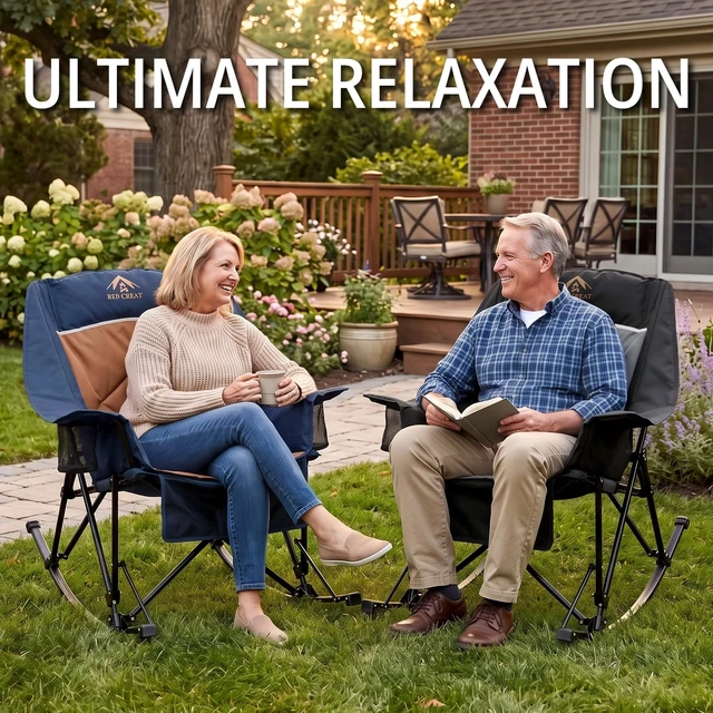 Alt view image 6 of 7 - 400lbs Rocking Camping Chair Oversized Folding Rocker for Adults | High Back Padded Rocking Camp Chair with Cup Holders, Side Pockets & Carry Bag, Outdoor Comfort for Lawn, Sports & Camping
