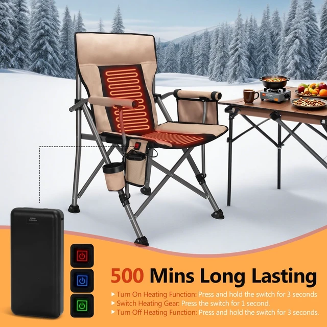 Alt view image 4 of 6 - Heated Camping Chair with 20,000 mAh Battery, Long-Lasting for 500 Mins, Fully Padded Heated Camp Chairs, Heavy Duty Folding Chairs for Winter Camping,RV Travel