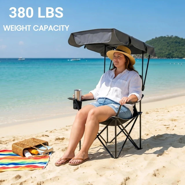Alt view image 2 of 7 - 2 Pack Portable Canopy Camping Chair 380 LBS Capacity Heavy Duty Oversized Folding Lawn Chair with Sunshade for Beach, Fishing, Sports & Outdoors