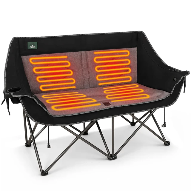 Main image of Heated Folding Loveseat Camping Chair Portable Double Duo Full Padded Garden Chair for 2 Person w/ 2 Cup Holder,Wine Glass Holder,Mesh Storage (Battery NOT Included)