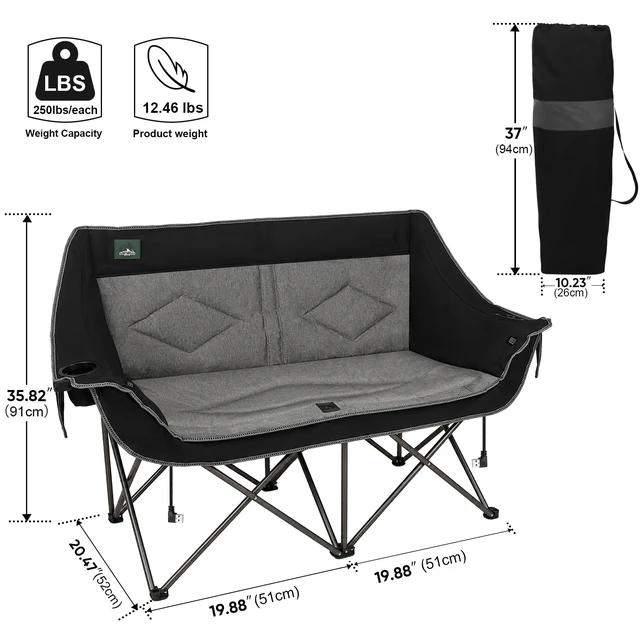 Alt view image 2 of 6 - Heated Folding Loveseat Camping Chair Portable Double Duo Full Padded Garden Chair for 2 Person w/ 2 Cup Holder,Wine Glass Holder,Mesh Storage (Battery NOT Included)