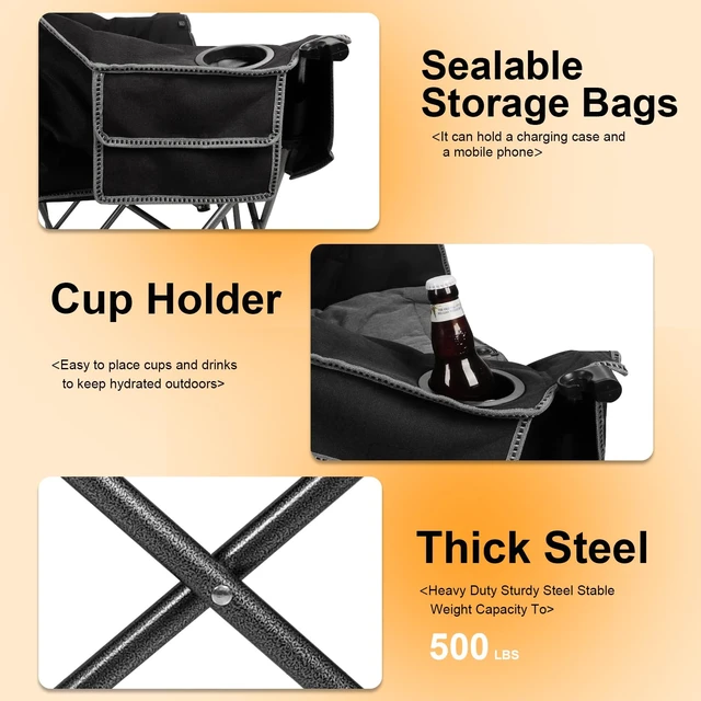 Alt view image 4 of 6 - Heated Folding Loveseat Camping Chair Portable Double Duo Full Padded Garden Chair for 2 Person w/ 2 Cup Holder,Wine Glass Holder,Mesh Storage (Battery NOT Included)