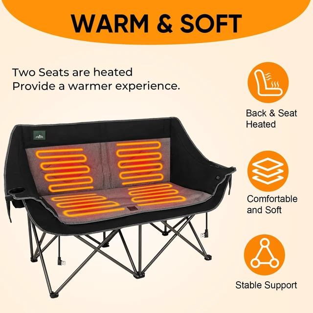 Alt view image 5 of 6 - Heated Folding Loveseat Camping Chair Portable Double Duo Full Padded Garden Chair for 2 Person w/ 2 Cup Holder,Wine Glass Holder,Mesh Storage (Battery NOT Included)