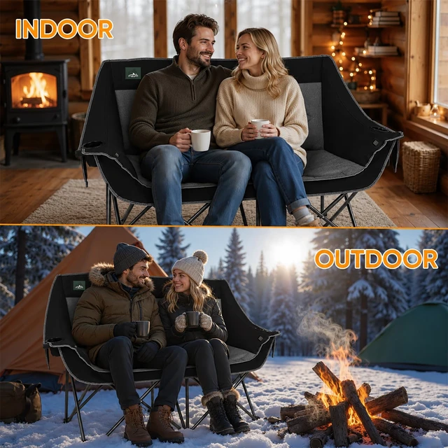 Alt view image 6 of 6 - Heated Folding Loveseat Camping Chair Portable Double Duo Full Padded Garden Chair for 2 Person w/ 2 Cup Holder,Wine Glass Holder,Mesh Storage (Battery NOT Included)