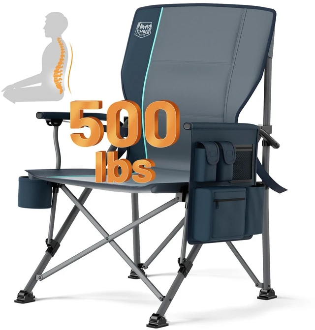 Main image of Oversized Folding Camping Chair with Lumbar Support Adjustable High Back Heavy Duty for Adults Support up to 500lbs with Cup Holder, Cooler Bag, Side Pocket, Blue