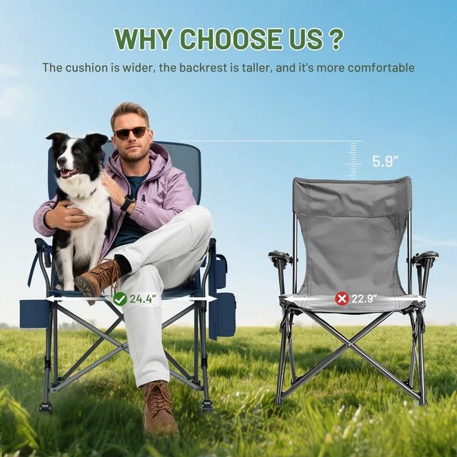 Alt view image 3 of 7 - Oversized Folding Camping Chair with Lumbar Support Adjustable High Back Heavy Duty for Adults Support up to 500lbs with Cup Holder, Cooler Bag, Side Pocket, Blue