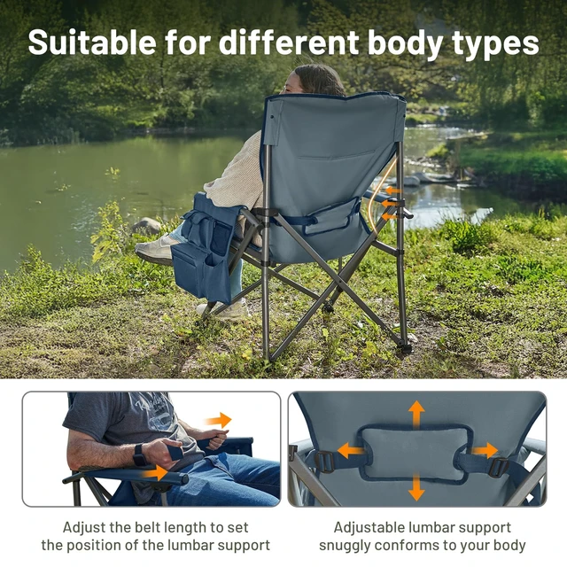 Alt view image 4 of 7 - Oversized Folding Camping Chair with Lumbar Support Adjustable High Back Heavy Duty for Adults Support up to 500lbs with Cup Holder, Cooler Bag, Side Pocket, Blue