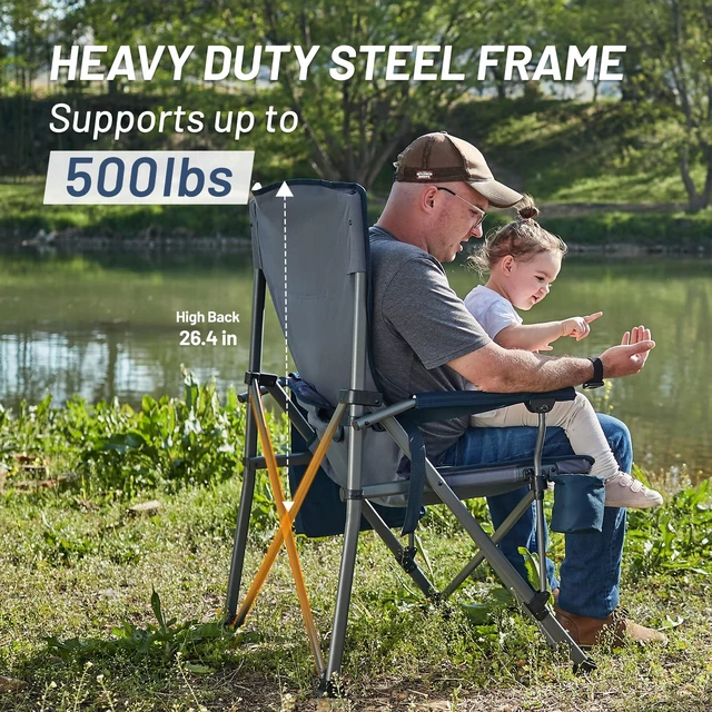 Alt view image 5 of 7 - Oversized Folding Camping Chair with Lumbar Support Adjustable High Back Heavy Duty for Adults Support up to 500lbs with Cup Holder, Cooler Bag, Side Pocket, Blue