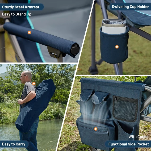 Alt view image 6 of 7 - Oversized Folding Camping Chair with Lumbar Support Adjustable High Back Heavy Duty for Adults Support up to 500lbs with Cup Holder, Cooler Bag, Side Pocket, Blue