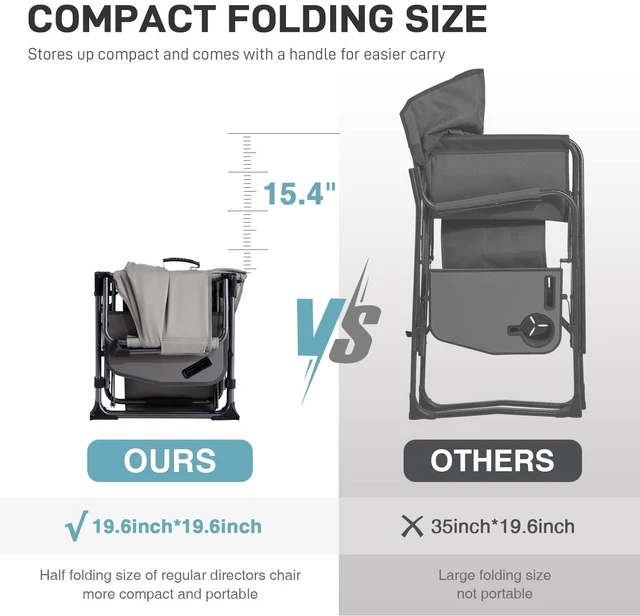 Alt view image 2 of 7 - Camping Directors' Chair with Side Table, Portable Folding with Compact Size, Heavy Duty Lawn Chair with Pocket, 400lbs,Khaki Grey, Power Bank NOT Include