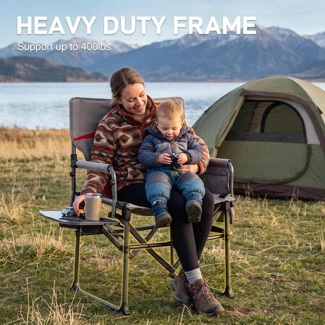 Alt view image 5 of 7 - Camping Directors' Chair with Side Table, Portable Folding with Compact Size, Heavy Duty Lawn Chair with Pocket, 400lbs,Khaki Grey, Power Bank NOT Include