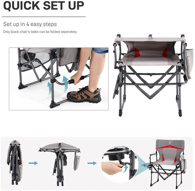 Alt view image 6 of 7 - Camping Directors' Chair with Side Table, Portable Folding with Compact Size, Heavy Duty Lawn Chair with Pocket, 400lbs,Khaki Grey, Power Bank NOT Include