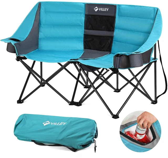 Main image of Double Camping Chair w/Cooler Bag, Extra Wide Loveseat, Heavy Duty Padded Camping Couch, Portable Folding Chair w/Carry Bag Steel Frame Cup Holders for Camp Lawn Picnic Sports, Support 600LBS