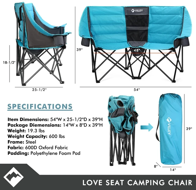 Alt view image 6 of 7 - Double Camping Chair w/Cooler Bag, Extra Wide Loveseat, Heavy Duty Padded Camping Couch, Portable Folding Chair w/Carry Bag Steel Frame Cup Holders for Camp Lawn Picnic Sports, Support 600LBS