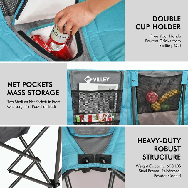 Alt view image 7 of 7 - Double Camping Chair w/Cooler Bag, Extra Wide Loveseat, Heavy Duty Padded Camping Couch, Portable Folding Chair w/Carry Bag Steel Frame Cup Holders for Camp Lawn Picnic Sports, Support 600LBS