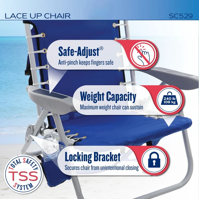 Alt view image 3 of 7 - 4-Position Lace-Up Backpack Beach Chair, Multi Stripe | 11 in Seat Height, Pillow, Cup Holder, Storage Pouch, Aluminum Frame, Wide Molded Arms, Foldable, Weight Capacity: 240 lbs
