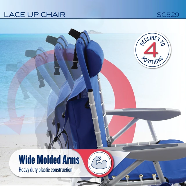 Alt view image 4 of 7 - 4-Position Lace-Up Backpack Beach Chair, Multi Stripe | 11 in Seat Height, Pillow, Cup Holder, Storage Pouch, Aluminum Frame, Wide Molded Arms, Foldable, Weight Capacity: 240 lbs
