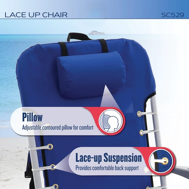 Alt view image 5 of 7 - 4-Position Lace-Up Backpack Beach Chair, Multi Stripe | 11 in Seat Height, Pillow, Cup Holder, Storage Pouch, Aluminum Frame, Wide Molded Arms, Foldable, Weight Capacity: 240 lbs