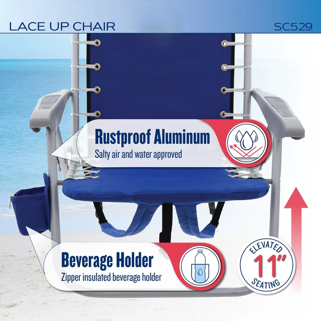 Alt view image 6 of 7 - 4-Position Lace-Up Backpack Beach Chair, Multi Stripe | 11 in Seat Height, Pillow, Cup Holder, Storage Pouch, Aluminum Frame, Wide Molded Arms, Foldable, Weight Capacity: 240 lbs