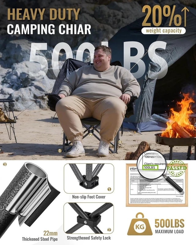 Alt view image 3 of 7 - Oversized XL Camping Chair, Heavy Duty 500lbs Folding Couch | Padded Large Comfortable Sofa Seat with Cooler Bag Cup Holder for Adults Outdoor Sports Fishing Patio Lawn, Black/Grey