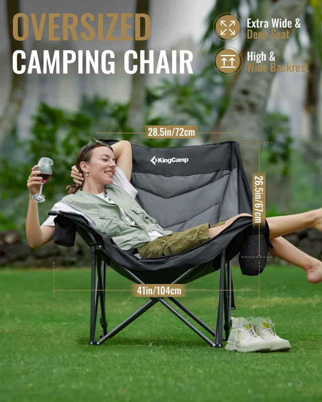 Alt view image 2 of 7 - Oversized XL Camping Chair, Heavy Duty 500lbs Folding Couch | Padded Large Comfortable Sofa Seat with Cooler Bag Cup Holder for Adults Outdoor Sports Fishing Patio Lawn, Black/Grey