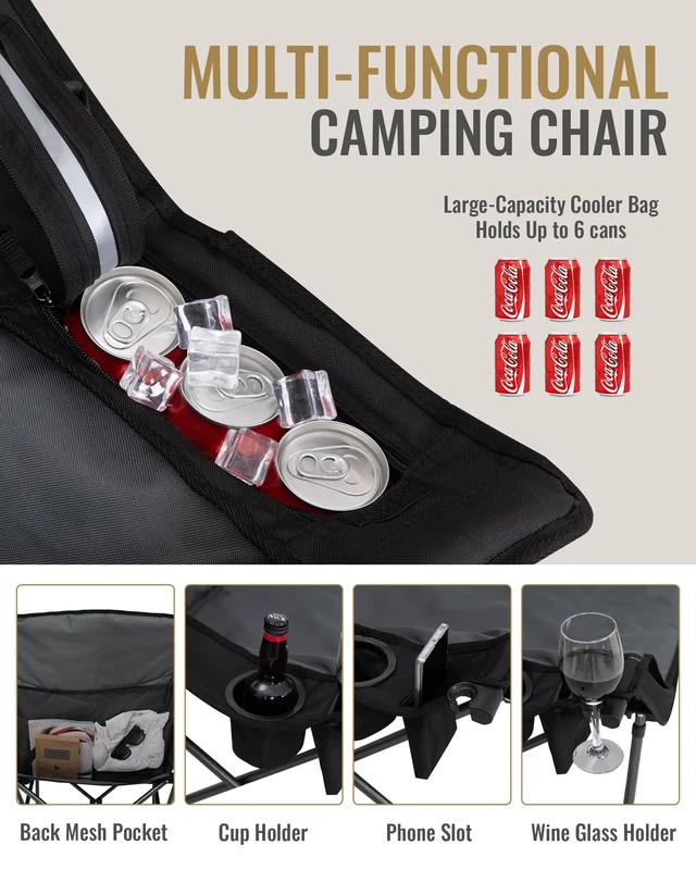 Alt view image 4 of 7 - Oversized XL Camping Chair, Heavy Duty 500lbs Folding Couch | Padded Large Comfortable Sofa Seat with Cooler Bag Cup Holder for Adults Outdoor Sports Fishing Patio Lawn, Black/Grey