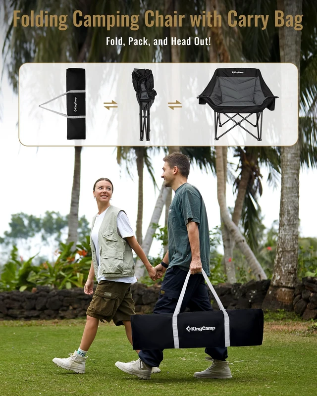 Alt view image 6 of 7 - Oversized XL Camping Chair, Heavy Duty 500lbs Folding Couch | Padded Large Comfortable Sofa Seat with Cooler Bag Cup Holder for Adults Outdoor Sports Fishing Patio Lawn, Black/Grey