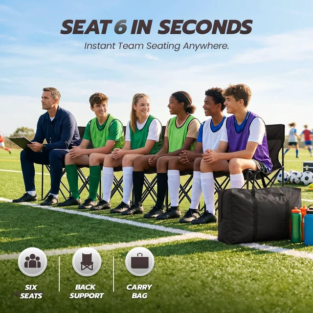 Alt view image 2 of 7 - Soccer Bench, 6 Seat Folding Bench with Backrest and Bag, Black | Portable Sideline Bench with Collapsible Steel Frame and Carrying Bag; Sets Up in Seconds with No Assembly