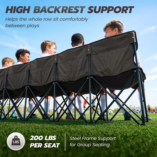 Alt view image 5 of 7 - Soccer Bench, 6 Seat Folding Bench with Backrest and Bag, Black | Portable Sideline Bench with Collapsible Steel Frame and Carrying Bag; Sets Up in Seconds with No Assembly