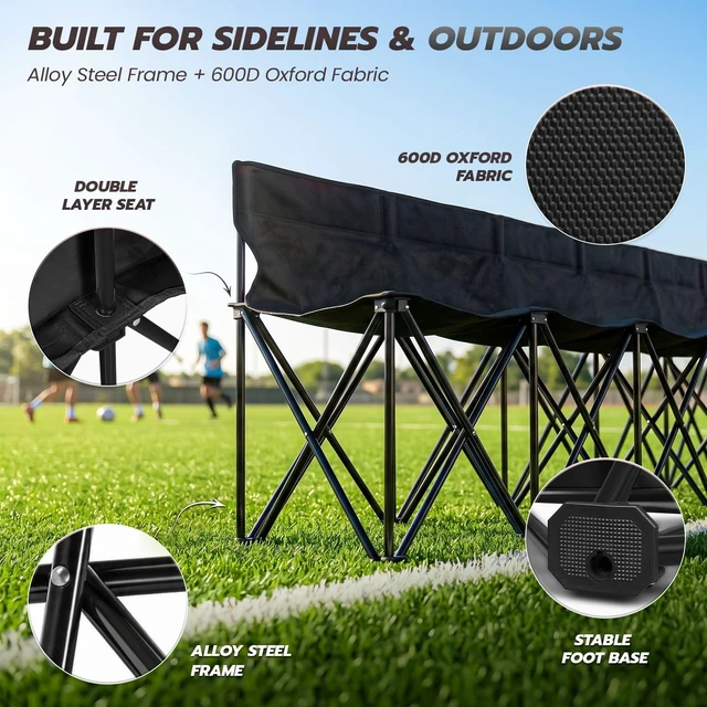 Alt view image 6 of 7 - Soccer Bench, 6 Seat Folding Bench with Backrest and Bag, Black | Portable Sideline Bench with Collapsible Steel Frame and Carrying Bag; Sets Up in Seconds with No Assembly