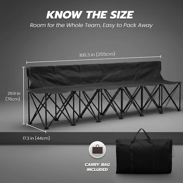 Alt view image 7 of 7 - Soccer Bench, 6 Seat Folding Bench with Backrest and Bag, Black | Portable Sideline Bench with Collapsible Steel Frame and Carrying Bag; Sets Up in Seconds with No Assembly