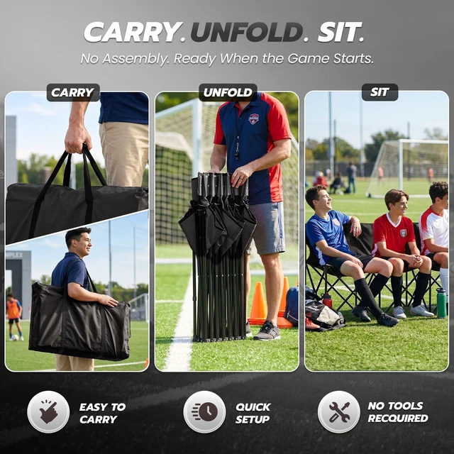 Alt view image 4 of 7 - Soccer Bench, 6 Seat Folding Bench with Backrest and Bag, Black | Portable Sideline Bench with Collapsible Steel Frame and Carrying Bag; Sets Up in Seconds with No Assembly