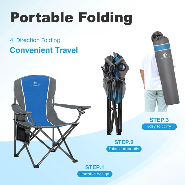 Alt view image 7 of 7 - Oversized Outdoor Folding Camping Chair Heavy Duty Arm Chairs | Padded Arm Chair with Cup Holder and Storage Bag, 350 LBS Weight Capacity