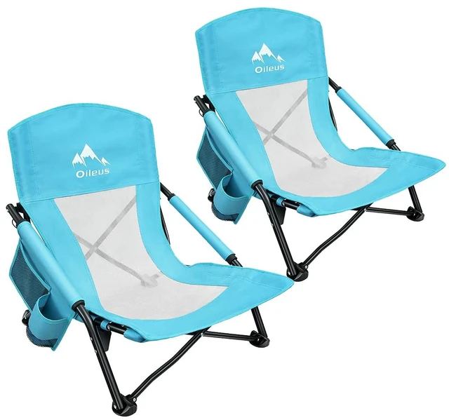 Main image of Low Beach Chair for Beach Tent/Shelter/Camping/Outdoor Ultralight Backpacking Folding Recliner Chairs with Cup Holder/Storage Bag, Carry Bag, Breeze Mesh Back, Compact Duty 2 Pcs