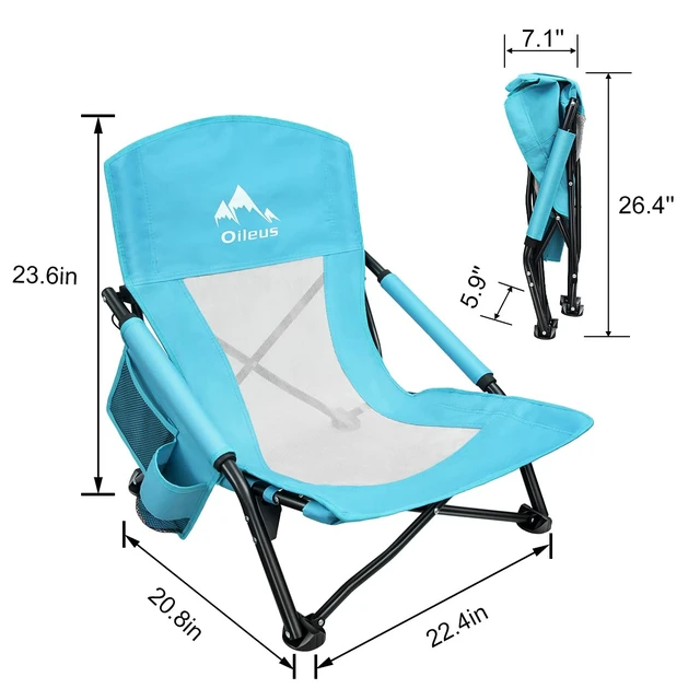 Alt view image 2 of 7 - Low Beach Chair for Beach Tent/Shelter/Camping/Outdoor Ultralight Backpacking Folding Recliner Chairs with Cup Holder/Storage Bag, Carry Bag, Breeze Mesh Back, Compact Duty 2 Pcs
